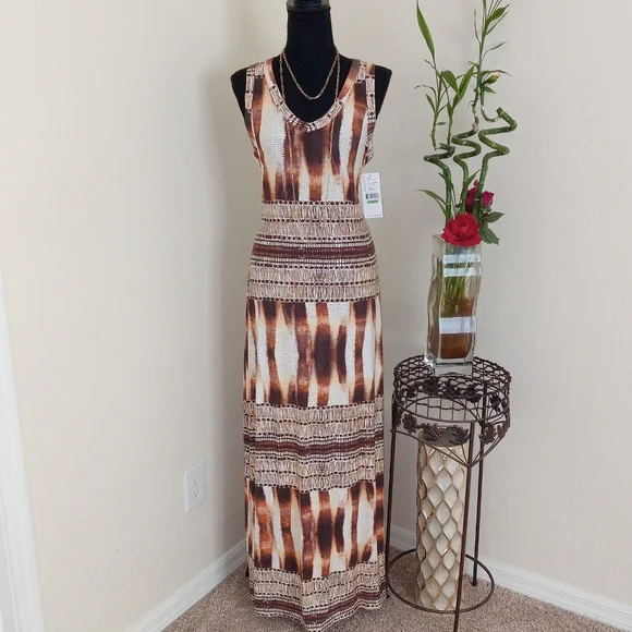 NWT Karen Kane Brown/Tan Aztec Print Maxi Dress Size L - Picture 3 of 13